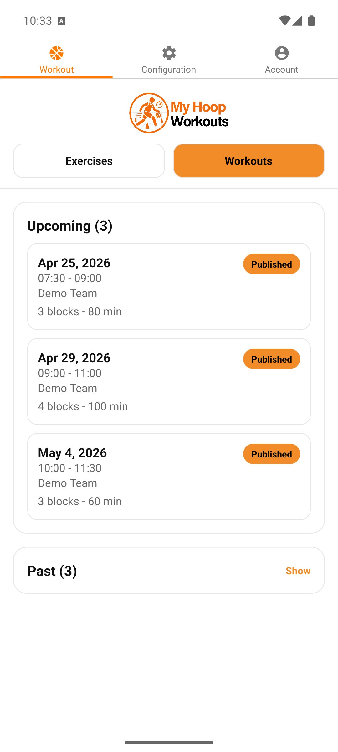 Workout planning screen with scheduled sessions