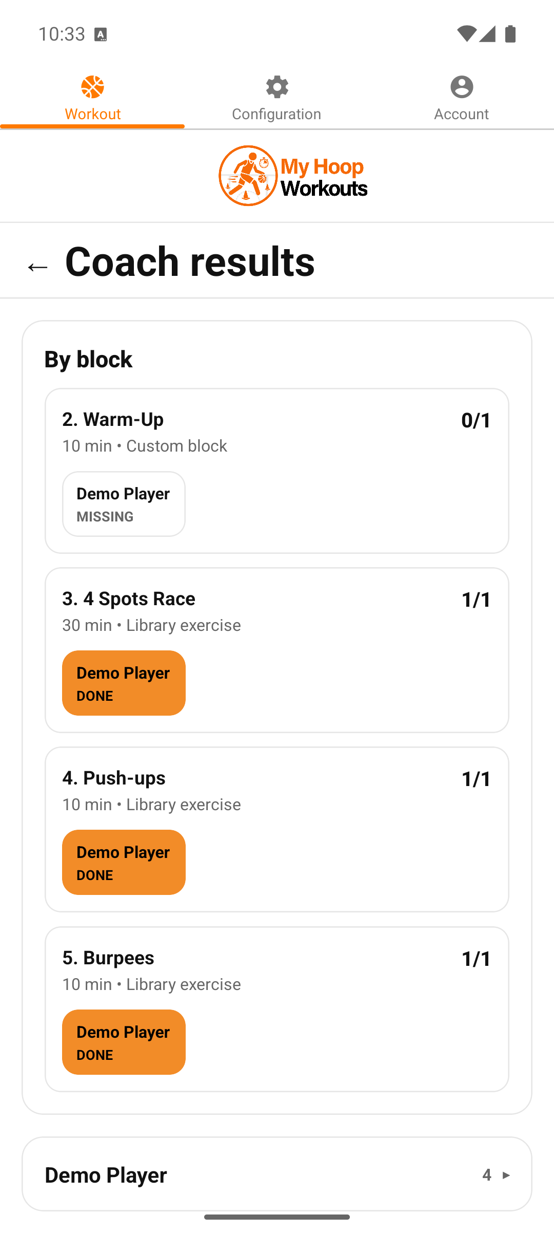 Workout results screen showing player completion and results
